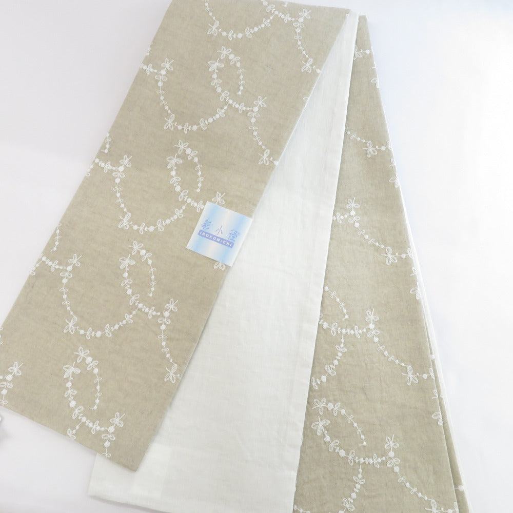 半幅帯 半巾帯 小袋帯 麻 刺繍 ベージュ×ホワイト 花冠 細帯