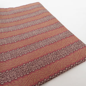 名古屋帯 飾り縞文様 全通柄 正絹 織文様 茶紫色 九寸帯 仕立て上がり 着物帯 長さ356cm 美品