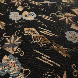 名古屋帯 正絹 アンティーク 宝尽くし 全通柄 織り文様 黒色 九寸帯 仕立て上がり 着物帯 レトロ 長さ346cm