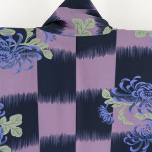 小紋 洗える着物 市松に菊文様 紫色 袷 広衿 カラー胴裏 ポリエステル100％ カジュアル 身丈166cm 美品
