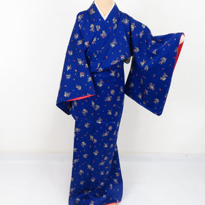 小紋 野花文様 正絹 青色 袷 広衿 カジュアル 仕立て上がり着物 身丈156cm 美品