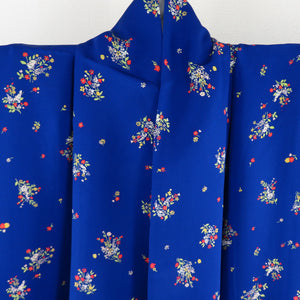 小紋 野花文様 正絹 青色 袷 広衿 カジュアル 仕立て上がり着物 身丈156cm 美品
