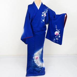 付下げ 袷 広衿 正絹 青色 洋花 ラメ 紋なし セミフォーマル着物 仕立て上がり 身丈163cm 美品
