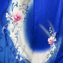 画像をギャラリービューアに読み込む, 付下げ 袷 広衿 正絹 青色 洋花 ラメ 紋なし セミフォーマル着物 仕立て上がり 身丈163cm 美品