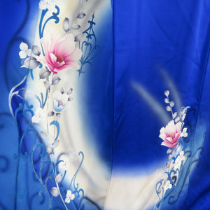 付下げ 袷 広衿 正絹 青色 洋花 ラメ 紋なし セミフォーマル着物 仕立て上がり 身丈163cm 美品
