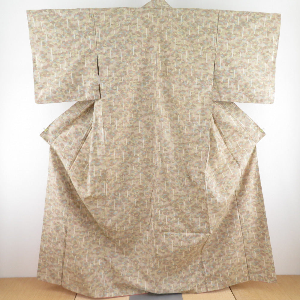 紬 着物 雲文様 正絹 茶緑色 袷 バチ衿 カジュアル 仕立て上がり着物 身丈164cm 美品