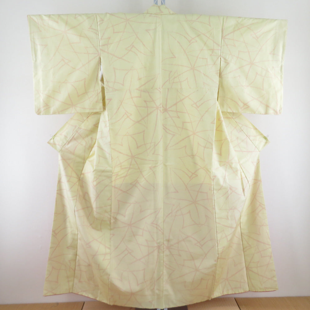 紬 着物 紅葉文様 正絹 黄色 袷 バチ衿 カジュアル 仕立て上がり着物 身丈154cm 美品