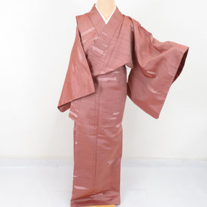 紬 着物 扇子文様 正絹 赤茶色 袷 バチ衿 カジュアル 仕立て上がり着物 身丈154cm 美品