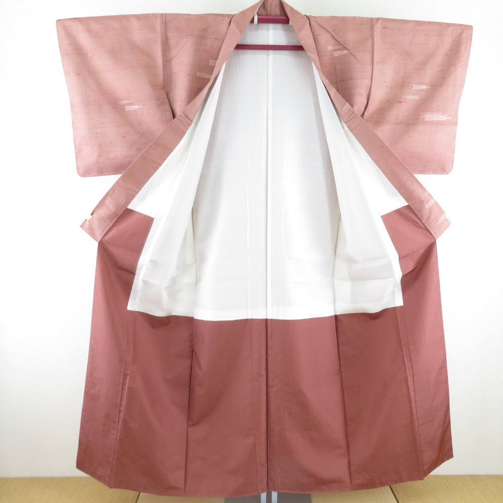 紬 着物 扇子文様 正絹 赤茶色 袷 バチ衿 カジュアル 仕立て上がり着物