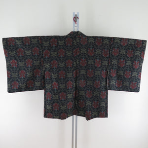 ウール着物 アンサンブル 羽織セット 袷 黒色 花柄 織り文様 バチ衿 カジュアルきもの 仕立て上がり 身丈153cm