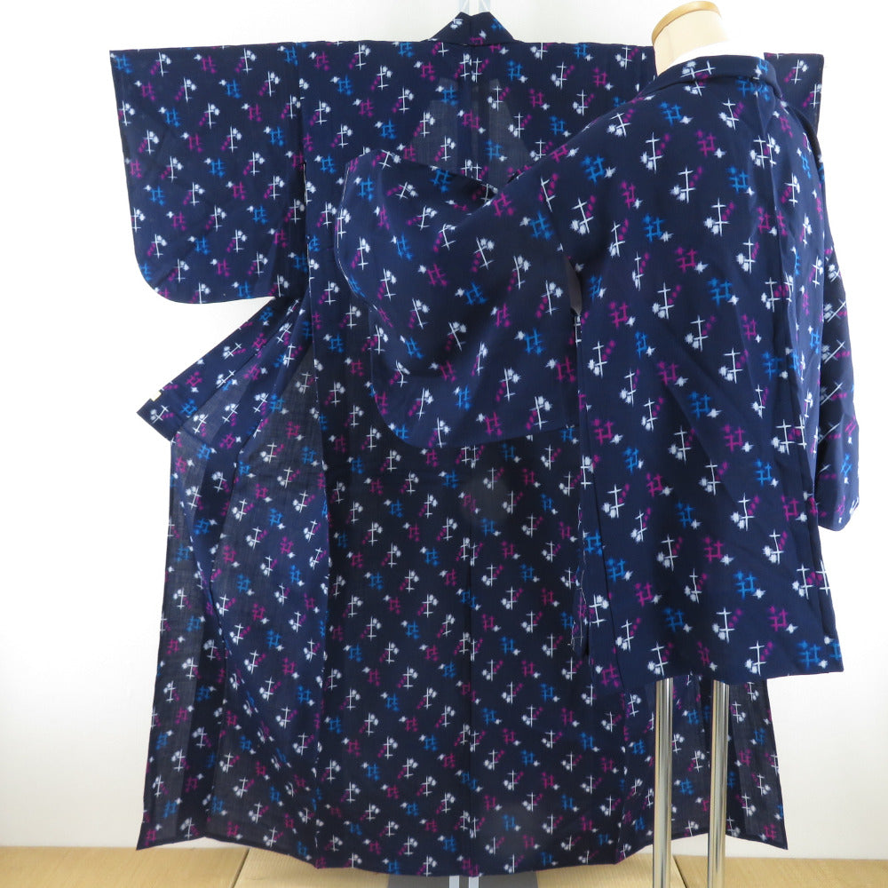 ウール着物 アンサンブル 羽織セット 単衣 紺紫色 井桁柄 染め文様 バチ衿 カジュアルきもの 仕立て上がり 身丈155cm 美品