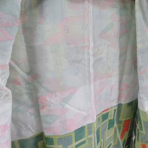 ウール着物 アンサンブル 道行セット 単衣 緑・水色 モダン 織り文様 バチ衿 カジュアルきもの 仕立て上がり 身丈160cm 美品