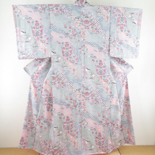 Komon foil cracks for cracking flower birds pure silk ash / pink wide collar lined casual kimono 158cm beautiful goods