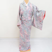 Load image into Gallery viewer, Komon foil cracked flower bird pure silk ash / pink wide collar lined casual kimono 158cm beautiful goods