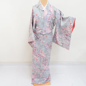 Komon foil cracks for cracking flower birds pure silk ash / pink wide collar lined casual kimono 158cm beautiful goods