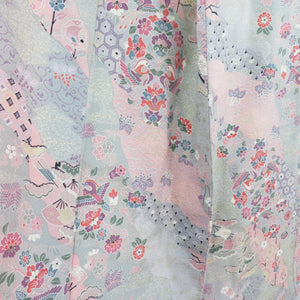 Komon foil cracks for cracking flower birds pure silk ash / pink wide collar lined casual kimono 158cm beautiful goods