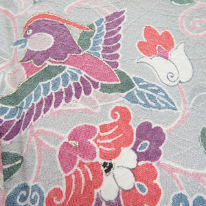 Komon foil cracks for cracking flower birds pure silk ash / pink wide collar lined casual kimono 158cm beautiful goods