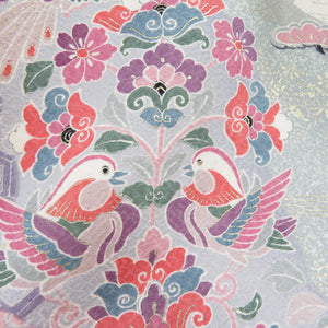 Komon foil cracks for cracking flower birds pure silk ash / pink wide collar lined casual kimono 158cm beautiful goods