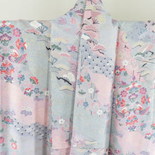 Load image into Gallery viewer, Komon foil cracked flower bird pure silk ash / pink wide collar lined casual kimono 158cm beautiful goods