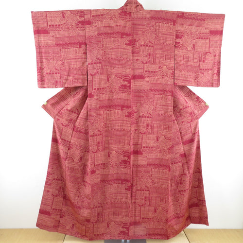 Flower wheel pure silk red brown wide collar lined lined Casual tailoring kimono 155cm beautiful goods