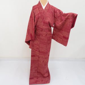 Flower wheel pure silk red brown wide collar lined lined Casual tailoring kimono 155cm beautiful goods