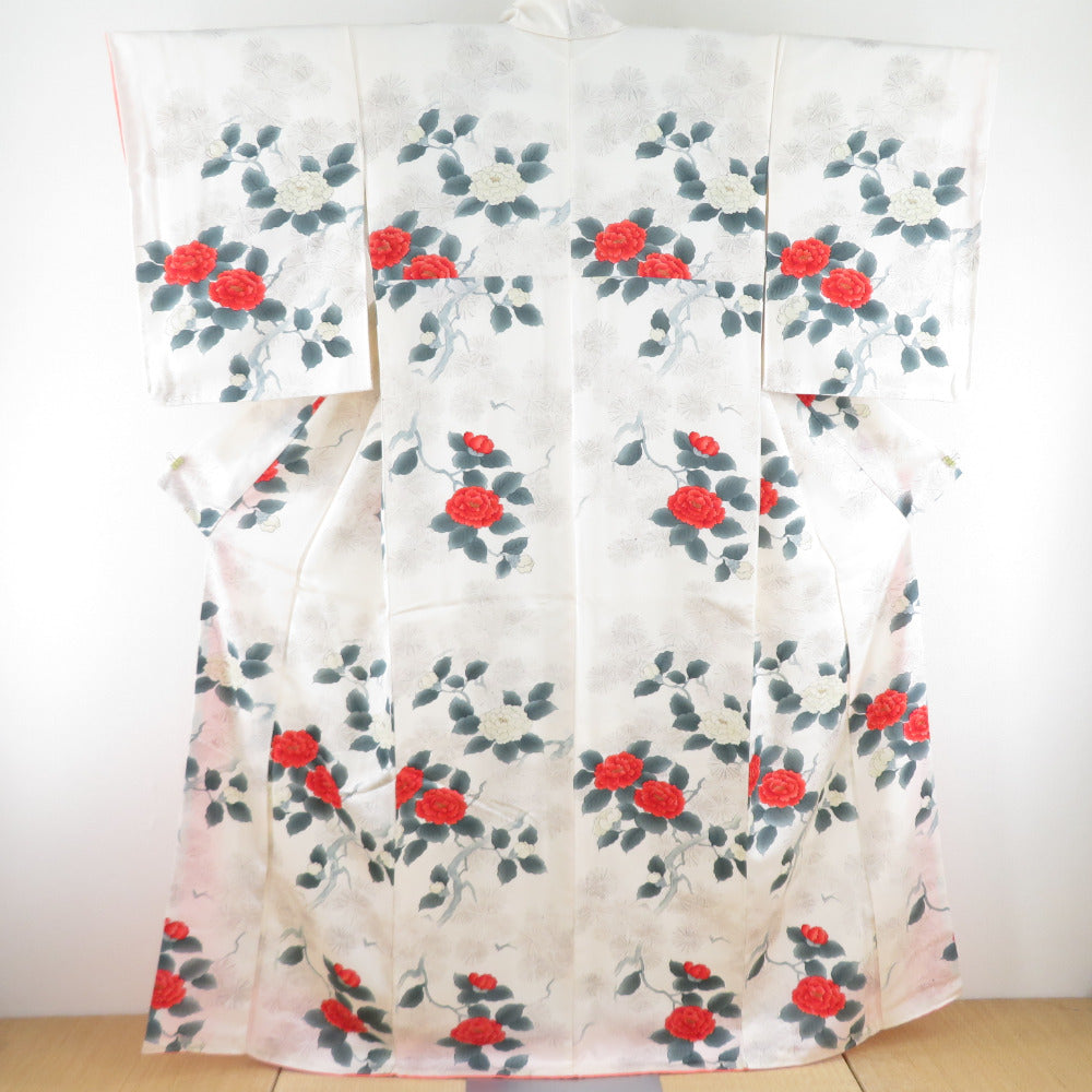 Komon peony pure silk beige wide collar lined Casual tailoring kimono 163cm beautiful goods