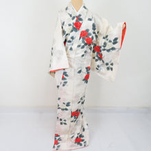 Load image into Gallery viewer, Komon peony pure silk beige wide collar lined Casual tailoring kimono 163cm beautiful goods