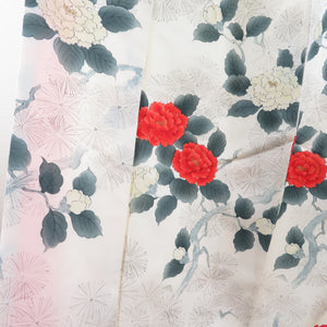 小紋 牡丹 正絹 ベージュ色 広衿 袷 カジュアル 仕立て上がり着物 身丈163cm 美品