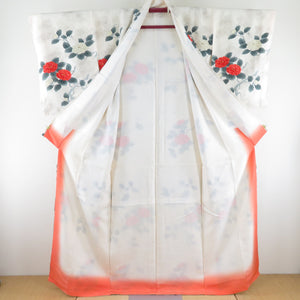 小紋 牡丹 正絹 ベージュ色 広衿 袷 カジュアル 仕立て上がり着物 身丈163cm 美品