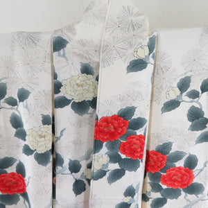 Komon peony pure silk beige wide collar lined Casual tailoring kimono 163cm beautiful goods