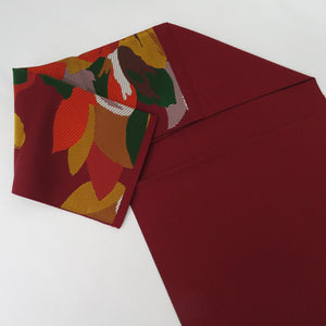 名古屋帯 牡丹文様 六通柄 正絹 赤茶色 八寸帯 仕立て上がり 着物帯 長さ364cm 美品