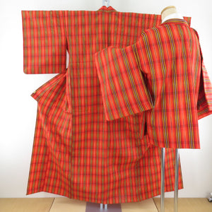 ウール着物 アンサンブル 羽織セット 格子柄 単衣 橙色 織文様 バチ衿