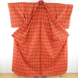 ウール着物 アンサンブル 羽織セット 格子柄 単衣 橙色 織文様 バチ衿
