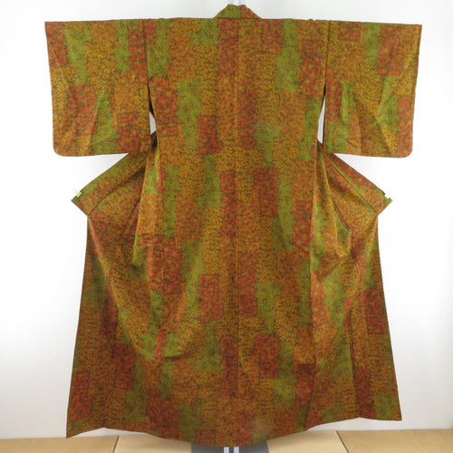 ウール着物 単衣 茶緑色 小花柄 染め文様 バチ衿 カジュアルきもの 仕立て上がり 身丈156cm 美品