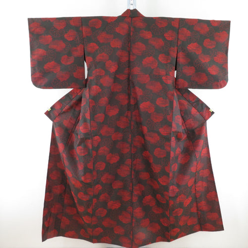 ウール着物 単衣 茶・赤色 縞柄 織り文様 バチ衿 カジュアルきもの 仕立て上がり 身丈151cm