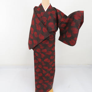 ウール着物 単衣 茶・赤色 縞柄 織り文様 バチ衿 カジュアルきもの 仕立て上がり 身丈151cm