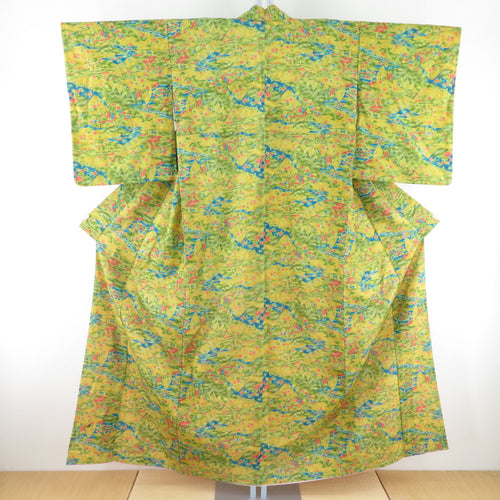 ウール着物 袷 緑色 風景柄 染め文様 バチ衿 カジュアルきもの 仕立て上がり 身丈155cm