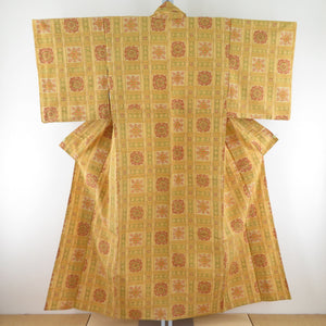 紬 着物 飾り格子 織り文様 単衣 広衿 正絹 黄土色 カジュアル着物 仕立て上がり 身丈153cm 美品