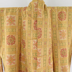 紬 着物 飾り格子 織り文様 単衣 広衿 正絹 黄土色 カジュアル着物 仕立て上がり 身丈153cm 美品