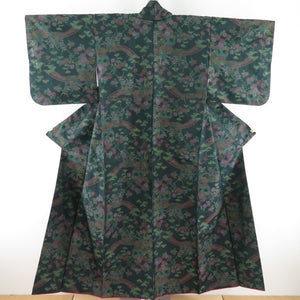 紬 着物 よこそ大島紬 橋に花 織り文様 袷 広衿 緑色 正絹 カジュアル着物 仕立て上がり 身丈150cm 美品