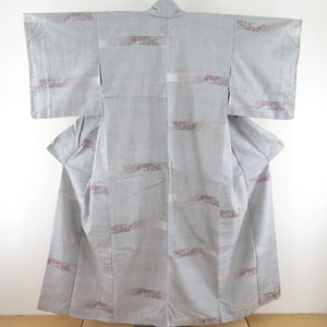 Tsumugi Kimono Horizontal decoration Lined -collar gray Color Pure silk Casual Kimono tailoring