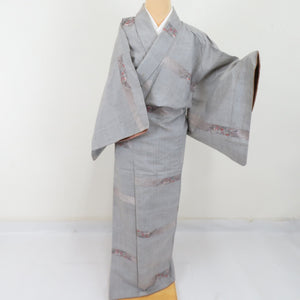 Tsumugi Kimono Horizontal decoration Lined -collar gray Color Pure silk Casual Kimono tailoring