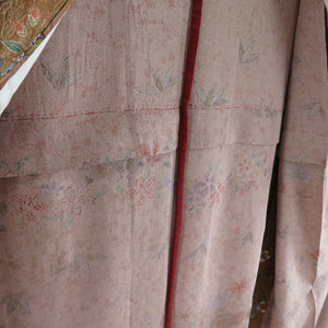小紋 四季花 正絹 茶色 広衿 単衣 カジュアル 仕立て上がり着物 身丈160cm