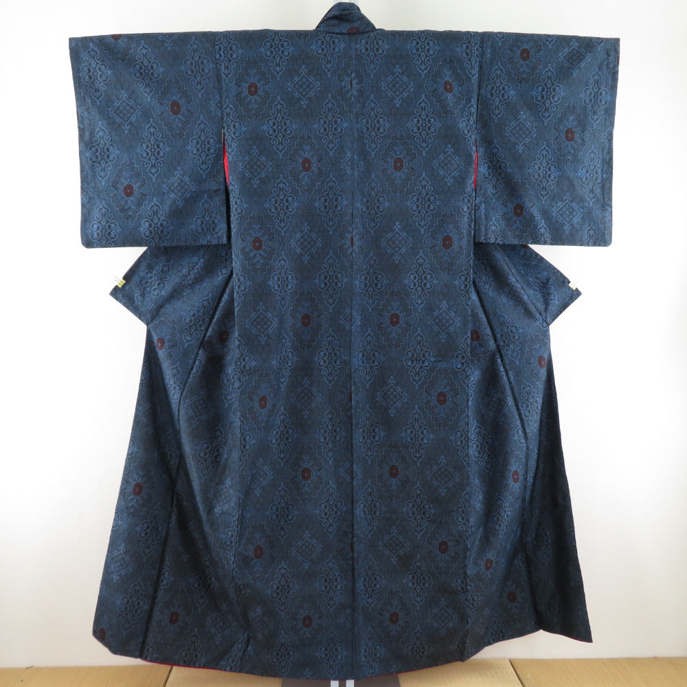 紬 着物 アンティーク 華紋 袷 広衿 正絹 紺色 仕立て上がり着物
