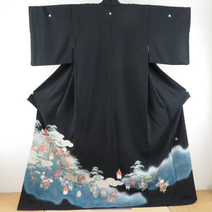 Black Tomesode Heian period Landscape Women Sluts Silk Pure Silk Hae Wing One -komon Lined Lined Wide collar dressing Kimono Formal tailoring 170cm