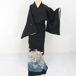 Black Tomesode Heian period Landscape Women Sluts Silk Pure Silk Hae Wing One -komon Lined Lined Wide collar dressing Kimono Formal tailoring 170cm