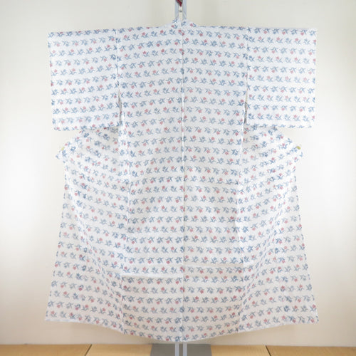 ウール着物 サマーウール 単衣 白色ｘ青色ｘ赤色 花柄 織文様 バチ衿 夏用 カジュアルきもの 仕立て上がり 身丈152cm