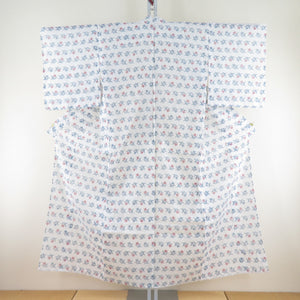 ウール着物 サマーウール 単衣 白色ｘ青色ｘ赤色 花柄 織文様 バチ衿 夏用 カジュアルきもの 仕立て上がり 身丈152cm