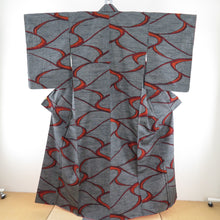Load image into Gallery viewer, Tsumugi Kimono Ringwater Pattern Gray x Orange Lined Wide Contact Casual Tailoring Kimono 156cm Beautiful goods