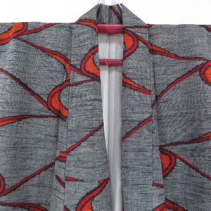 Tsumugi Kimono Ringwater Pattern Gray x Orange Lined Wide Contact Casual Tailoring Kimono 156cm Beautiful goods